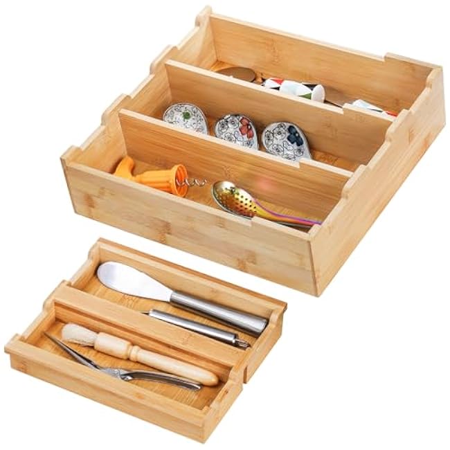 Okllen Bamboo Kitchen Drawer Organizer, Stackable 2-Tier Utensil Drawer Organizer Tray, Silverware Organizer Flatware Storage for Kitchen Cabinet, Pantry, Drawer, 5 Divided Compartments