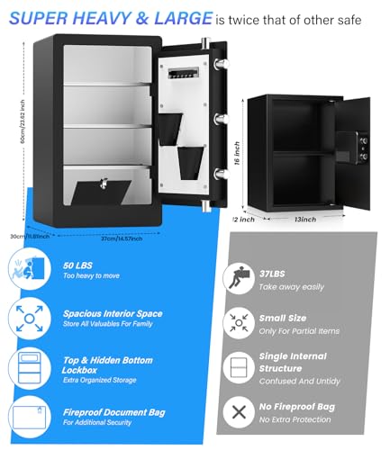 3.5 Cuft Biometric Fireproof Safe Box For Home, Heavy Duty Home Safe Fireproof Waterproof, Large Document Safes With Keypad, Anti-Theft Dual Alert, Mute Mode, Digital Security Safes For Jewelry Money