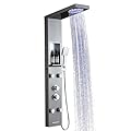 OUGOO Shower Panel Tower System with LED Rainfall & Mist Shower Head, 4 Adjustable Body Jets, Hand Shower, Built-in Shower Shelf, Tub Spout, Stainless Steel Shower Column, Brushed