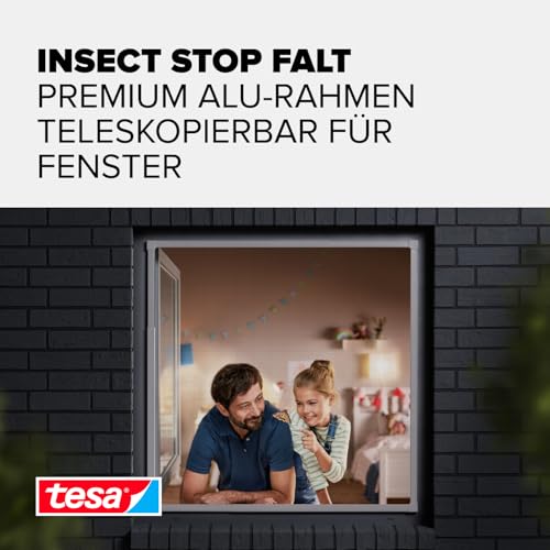 tesa Insect Stop FALT Fenster - Faltbarer Alu-Rahmen - Fliegengitter mit verstellbarem Teleskoprahmen – Rahmen in Weiß - 80 cm x 80 cm bis 140 cm x 140 cm