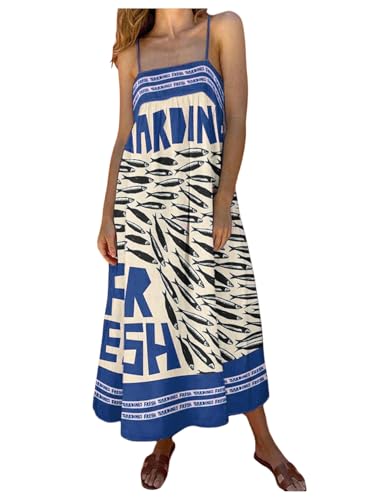 Image of SOLY HUX Women's Sundress Graphic Print Color Block Spaghetti Strap Flowy Summer Long Cami Dress