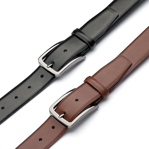 Image of MILORDE Men's Leather Dress Belt 2Pack, Handmade, Genuine Leather, Fashion & Classic Designs for Work Business and Casual