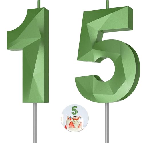 Number Birthday Candles(15 Candle Green) 3D Diamond Shape Number Happy Birthday Cake Candles for Birthday Party Wedding Decoration Reunions Theme Party