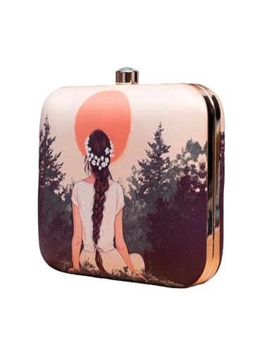 Image of Artklim Printed Box Clutch for Girls - Cross Body Purse with Detachable Golden Chain Strap