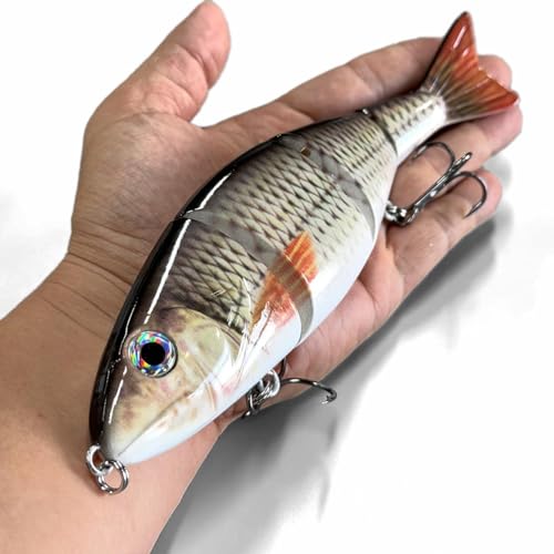 PROAOVAO 7.9inch Big Lure Large Multi Jointed Sea Bass Saltwater Fishing Lures, Big Giant Bass Trout Musky Pike Lures, Crankbait Swimbaits with Treble Hook (Beige)