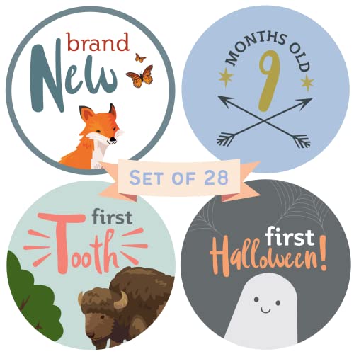 Image of RubyRoo Baby Milestone Stickers - Monthly Stickers for Boy - 28 Pack - Includes 12 Monthly,1st Year Milestones & First Holidays - Perfect Baby Shower & Newborn Birthday Gift (Woodland)
