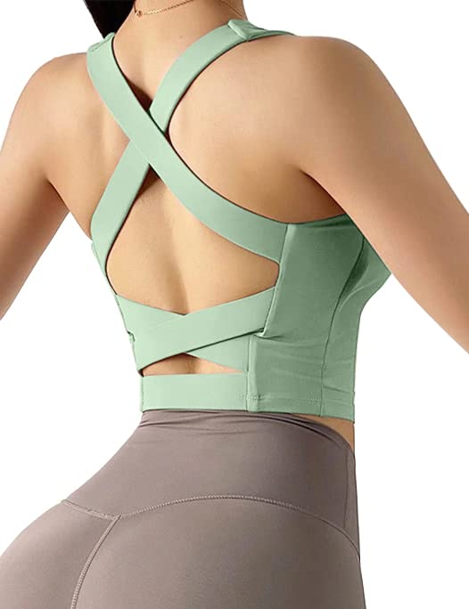 Women's Strappy Sports Bra Criss Cross Back Crop Tank Top Padded Fitness Workout Tops Longline Yoga Bras