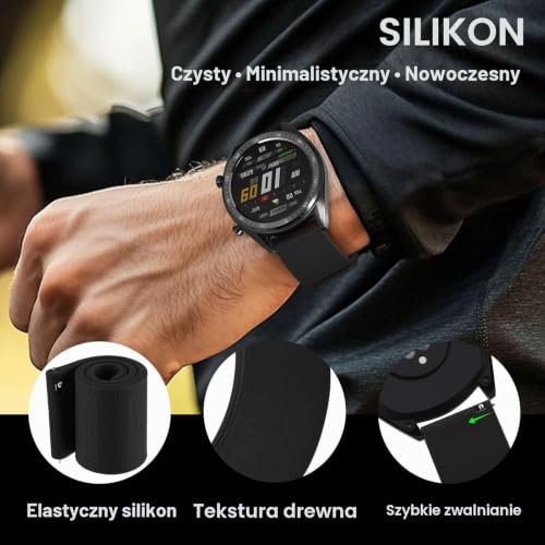 WOCCI 20 mm pasek do zegarka z magnetycznym zapięciem, z silikonu w ziarnie drewna, szybkie zapięcie (czarny)