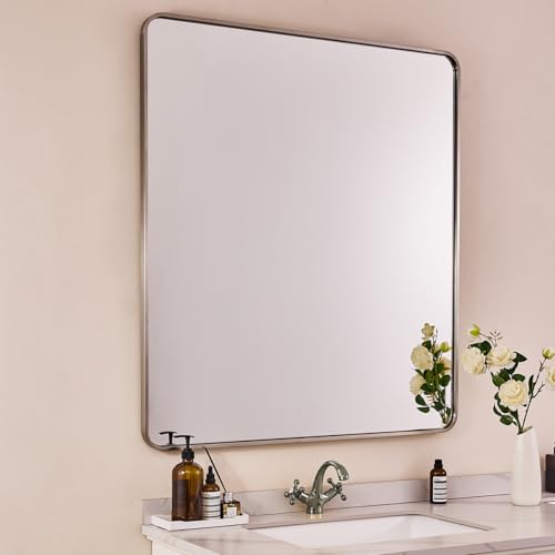 Image of ANDY STAR 40x32 Inch Brushed Nickel Bathroom Mirror, Rounded Rectangle Bathroom Vanity Mirrors for Wall, Anti-Rust SUS304, Seamless Tube Metal Frame, 1'' Deep Wall Mounted Vertically /Horizontal