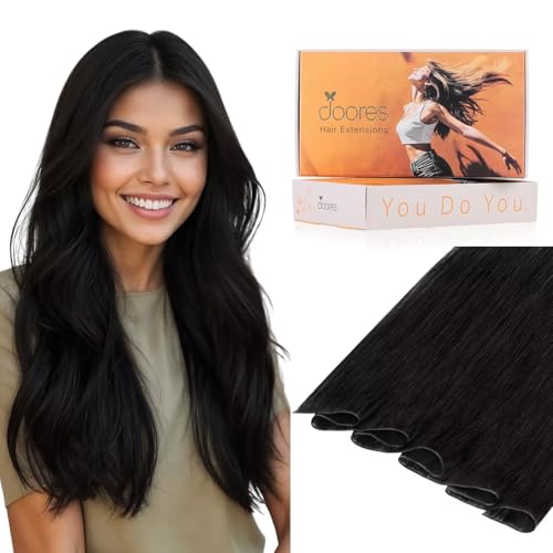 Image of DOORES Genius Sew in Weft Hair Extensions Human Hair, 16 Inch Jet Black 50g, Hand Tied Raw Bundles Virgin Natural Straight
