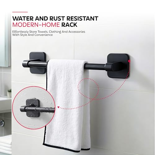 Image of Amazon Basics Self Adhesive Towel Rod for Bathroom No Drill - 12 Inch Rust Resistant Aluminum Towel Holder, Strong Adhesive Wall Mounted Towel Hanger for Bathroom & Kitchen Pack of 1
