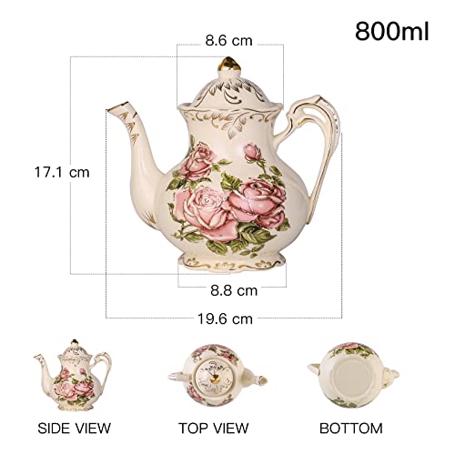 Yolife Pink Rose Ceramic Tea Pot, Ivory Vintage Floral Teapot With Gold Leaves Edge Gifts For Women, 3-4 Cups 850 Ml/ 29 Oz #TOP2
