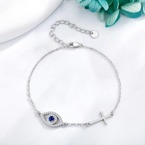 Evil Eye Bracelet 925 Sterling Silver Cross Bracelet Blue Evil Eyes Link Bracelet for Women2