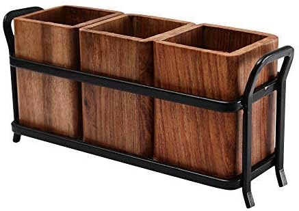 MS Craft World Wooden Cutlery Holder with Metal Stand | Spoon Holder for Kitchen, Fork Organizer for Dining Table, Utensil Holder for Kitchen Counter | Rustic Wood Finish (3 Compartments)