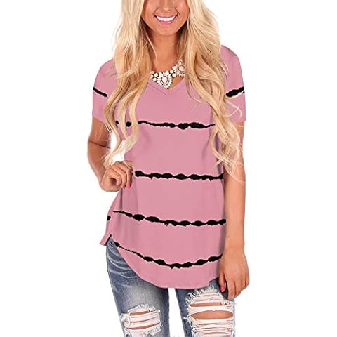 Basic Tees for Women Cute Striped Short Sleeve V Neck Tshirt Tunic Tops - pink - Small Cover