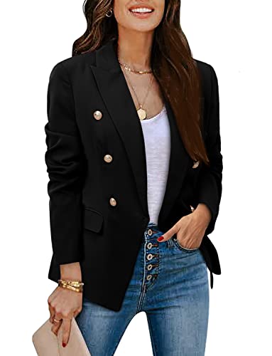 Crazy Grid Womens Double Breasted Blazer Jackets Open Front Business Casual Suit Jacket Long Sleeve Dressy Blazer Lapel Gold Button Ladies Work Office Blazer Black Large #TOP2