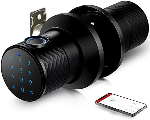 Fingerprint Door Lock, Biometric Door Knob with 5 Ways to Unlock(App/Fingerprint/Password/Key/Ekey), 255 Users and Unlocking Records, Passage Mode, Auto Lock, Prompt for Illegal Entry, Zinc Alloy
