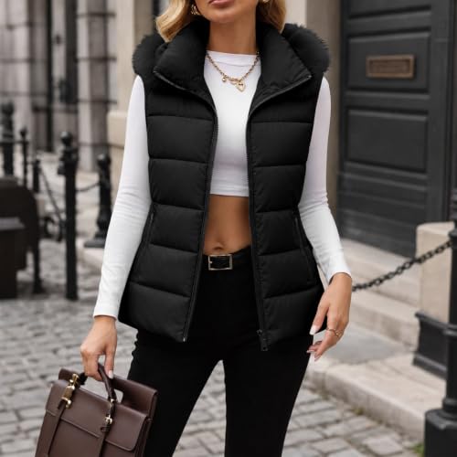 Puffer Vest Women Slim Hooded Faux Fur Collar Sleeveless Quilted Outerwear - image 6