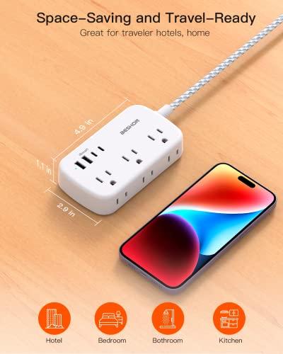 Flat Extension Cord, 5FT Flat Plug Power Strip with USB C, 6 Outlets 4 USB Port(2 USB C), No Surge Protector, Cruise Ship, Dorm Room Travel Essentials - Thumbnail 5