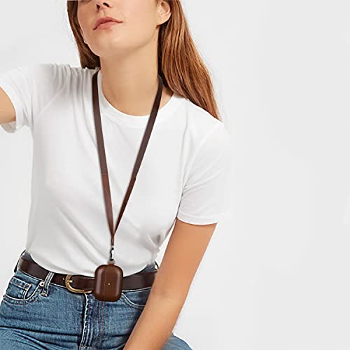 Cybotoon Luxury Leather Airpods Pro Case Cover With Hand Strip And Neck Lanyard, Genuine Top Layer Vegetable Tanned Cowhide (Horween Style Leather) Airpods Pro Leather Case For Men Women, Dark Brown #TOP6
