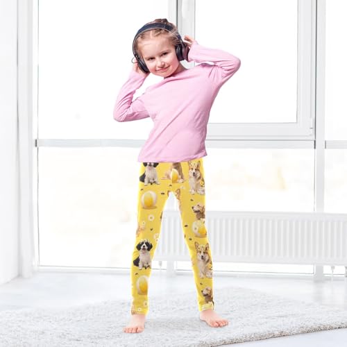 Floral Dog Ball Yellow Girls Leggings Ultra Soft Compression Yoga Gym Pants for Kids 4-10T4