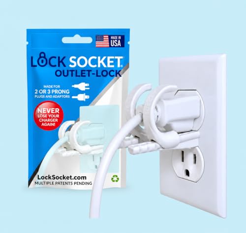 Lock Socket Adjustable Outlet Cover Lock - White | Anti-Theft, Child-Safe Plug Lock | Secures 2 or 3 Pronged Plug & Adaptors, Includes Security Screw & Allen Wrench | Secures Most Cords | Made in USA