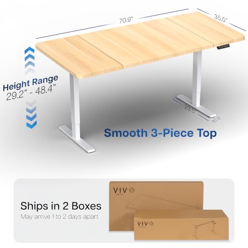 Image of VIVO Light Wood 71 x 36 in Standing Desk, DESK-KIT-1W7C-36 | Electric, Holds 220 lbs, Sit Stand, Height Adjustable, Extra Deep Table Top, Memory Presets, 1B Series, White Frame