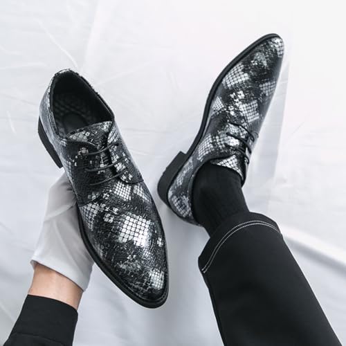 Mens Retro Lace-Up Snakeskin Leather Derby Oxford Shoes Pointed Toe Low Chunky Heels Non-Slip Dress Casual Shoes for Business Casual Dress Prom Party4