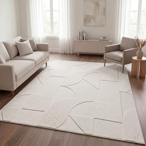 TT Home Wohnzimmer Teppich Schlafzimmer Hochflor Skandinavisches Design Unifarben Geometrisch Boho Style Modern Waschbar, Creme 2, 160x220 cm