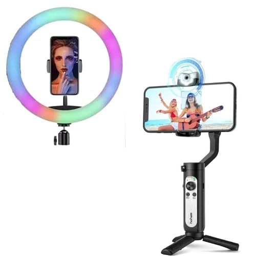 Cospex Gimbal Stabilizer for Smartphone w/AI Visual Tracking LED Video Light Auto with RGB LED Selfie Ring Light 26cm Spotlight Fill Light lamp Makeup Ringlight Remote
