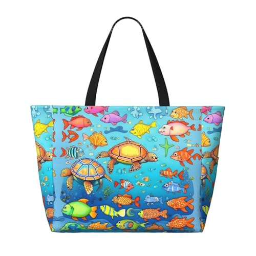 Turtle and Fish Large capacity beach bag with zipper, perfect for grocery bag pool gym travel shopping foldable beach travel bag,2