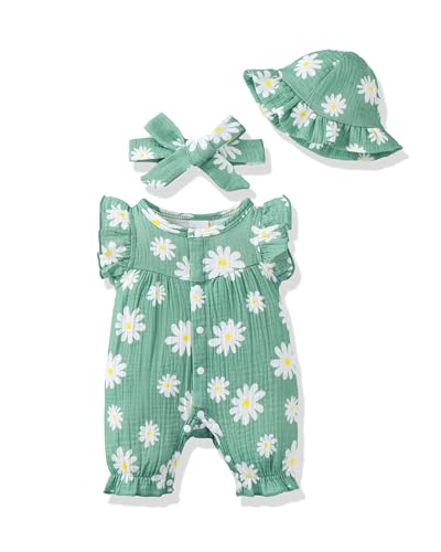 Image of Renotemy Baby Girl Clothes Outfits Infant Summer Romper Cotton Linen Preemie Newborn Essentials Photography with Hat&Headband