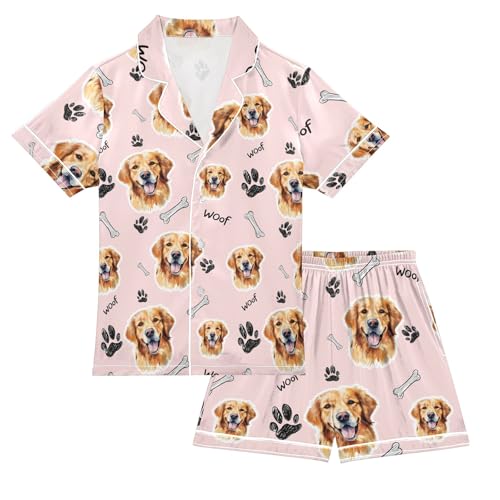 Cute Puppy Face Summer Satin Pajama Set, Cute Button-Down Sleepwear Pj Set for Sleep Wears