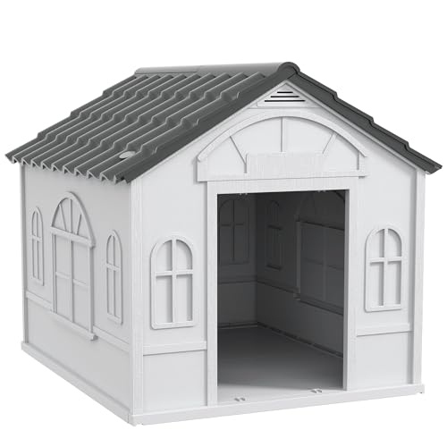 PawHut Casetta Cani di Taglia Media e Grande con Tetto Inclinato e Porta di Ingresso, Cuccia per Cani in PP Impermeabile, 84.2x98.2x82 cm, Grigio