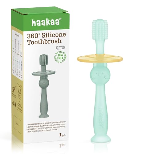 Image of haakaa 360° Baby Toothbrush with Suction Base - Gentle Cleaning for Toddler's Self-Brushing Training, Food-Grade Silicone, Adjustable Safety Shield - Blue (1 Piece)