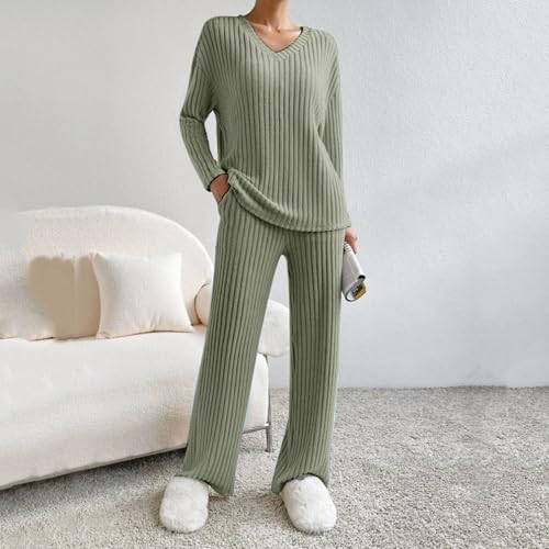 Schlafanzug Damen, Schlafanzug Damen Lang Pyjama Set V-Ausschnitt Gestricktes Hausanzug Zweiteiler Strickhose AUD Strickpullover Sportanzug Mit Taschen Loungewear Yoga-Sets 2 Stück, Armeegrün
