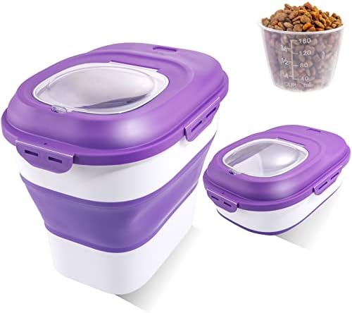 SUT Foldable Food Storage Container with Measuring Cup, Lid&Wheels, 15 Lbs Dog Cat Pet Food Storage Container, 30 Lbs Airtight Cereal Flour Rice Storage Container, Leakproof Sealable Dry Holder,Purple