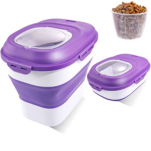 Sut Foldable Food Storage Container With Measuring Cup, Lid&Wheels, 15 Lbs Dog Cat Pet Food Storage Container, 30 Lbs Airtight Cereal Flour Rice Storage Container, Leakproof Sealable Dry Holder,Purple #TOP10