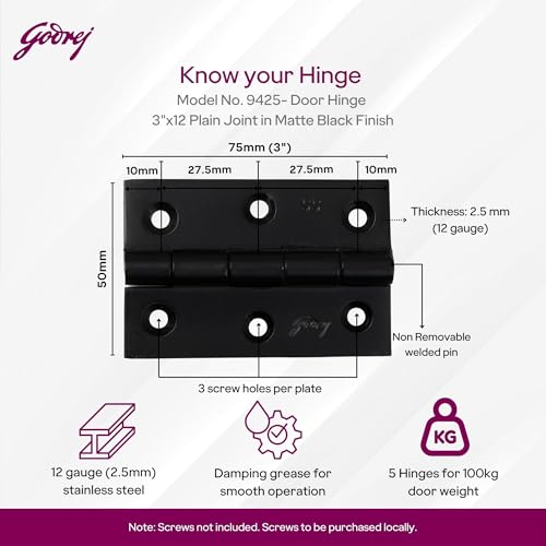 Image of Godrej Door Fittings | 3 inch x 12 Gauge Plain Joint Door Butt Hinges (Pack of 1, 5 Pcs /Pack) | Matte Black Finish, Smooth Operation | 3 Holes Kabza for Home Main Door, Bedroom | 1 Yr Warranty