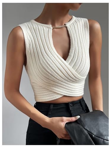 Floerns Women's Cross Wrap Sweater Vest Chain Sleeveless Knitted Pullover Crop Tops2