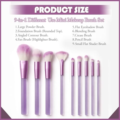 Image of GLUN 9in1 Diff Use Mini Makeup Brush Set, Travel Transparent Purple Professional Brushes for Foundation, Concealer, Blush, Highlighter & Eye Makeup