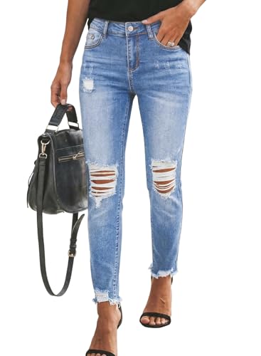 Sidefeel Women's Ripped Distressed Jeans Zimbaplatinum Stretchy Classic Boyfriend Denim Pants Size 14 Sky Blue
