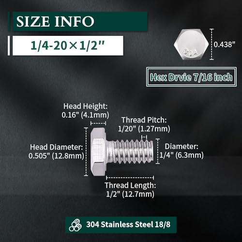 Image of 1 /4-20 x 1 /2 inch Hex Head Bolts Screws, 304 Stainless Steel 18-8, Fully Threaded, Hexagon Head Cap Bolts Screws, Coarse Thread UNC, 25 PCS
