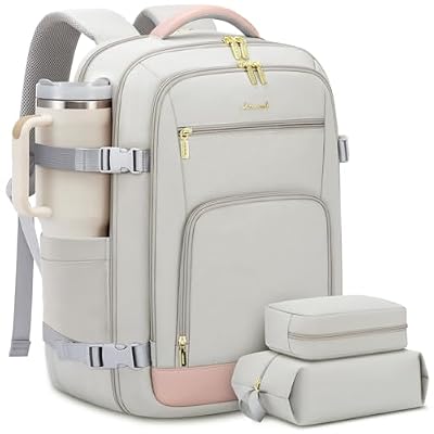 LOVEVOOK Travel Backpack For Women, 40L Carry On Backpack Flight Approved, TSA Personal Item Travel Bag Fits 17 Inch Laptop, Business Weekender Overnight Waterproof Daypack With 2 Cubes, Grey-Pink