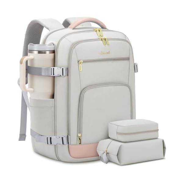 LOVEVOOK Travel Backpack For Women, 40L Carry On Backpack Flight Approved, TSA Personal Item Travel Bag Fits 17 Inch Laptop, Business Weekender Overnight Waterproof Daypack With 2 Cubes, Grey-Pink