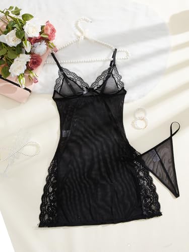 Image of Foxiny Sexy Split Side Floral Lace Trim Full Slip Night Gown Babydoll Lingerie Dress with Thong 2 piece