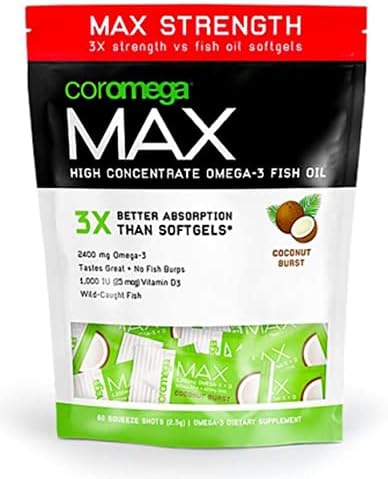 Coromega MAX High Concentrate Omega 3 Fish Oil, 2400mg Omega-3s with 3X Better Absorption Than Softgels, 30 Single Serve Packets, Coconut Bliss Flavor; Anti Inflammatory Supplement with Vitamin D