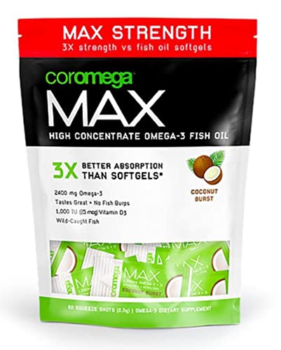 Coromega Max High Concentrate Omega 3 Fish Oil, 2400Mg Omega-3S With 3X Better Absorption Than Softgels, 30 Single Serve Packets, Coconut Bliss Flavor; Anti Inflammatory Supplement With Vitamin D #TOP14