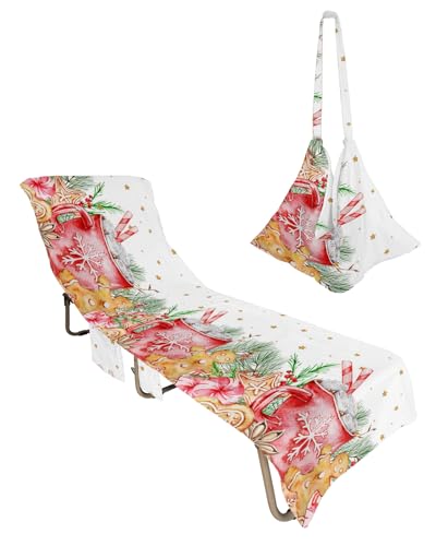 Merry Christmas Beach Chair Towel Covers for Chaise Lounge with Side Pocket, Soft Plush Pool Towels Cover for Patio Sunbathing Outdoor 29''x85'' Pine Bree Leaves Star Gold