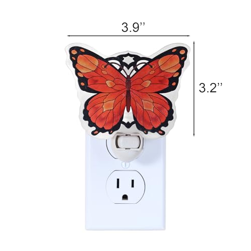 Image of Butterfly Night Light Plug into Wall Orange and Red Bulb Included Manual On /Off Switch Stained Glass Styled Made with Real Glass Hallway Bathroom Gift for Girls Mothers